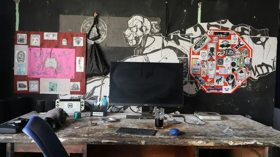Mur d'atelier encombré de croquis, notes et écran d'ordinateur