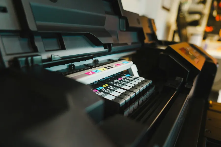Gros plan des cartouches d'encre colorées à l'intérieur d'une imprimante