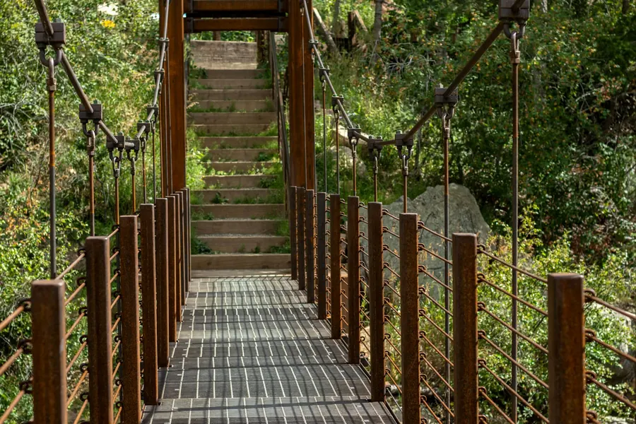 Passerelle en bois suspendue vide au milieu de la forêt, sans enfant