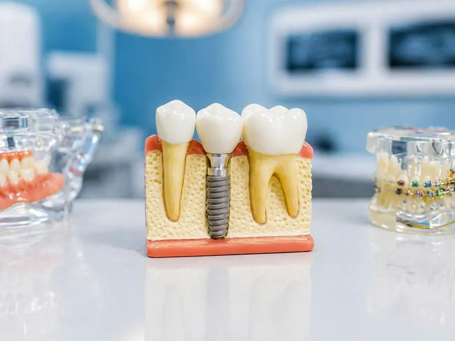 Modèle pédagogique de mâchoire avec un implant, posé sur un bureau, aucune marque visible, en noir et blanc