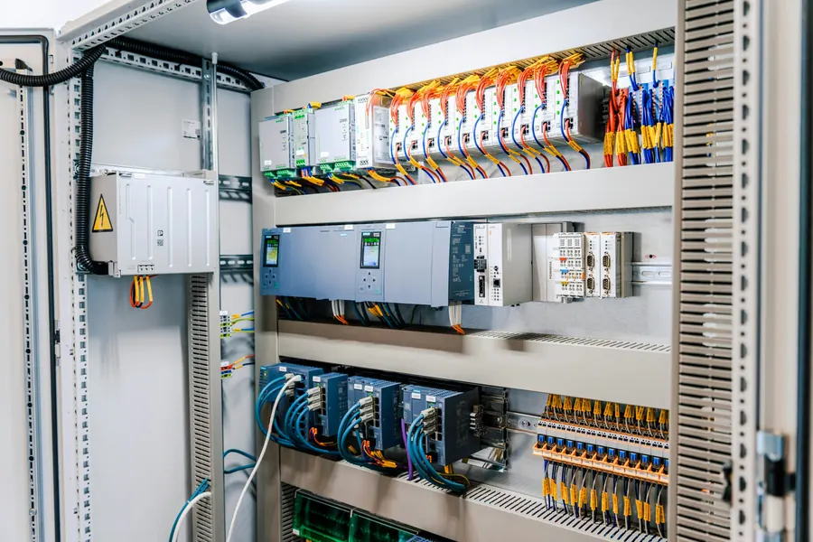 Armoire électrique industrielle ouverte, automates et borniers câblés, sans personne
