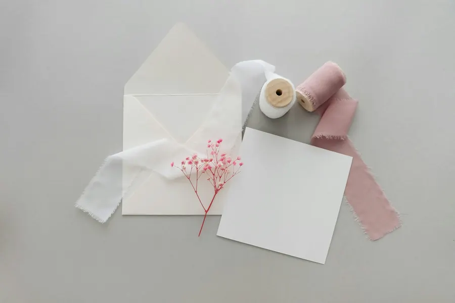 Enveloppe de bon cadeau nouée d'un ruban, fleurs séchées, tons ivoire et vieux rose
