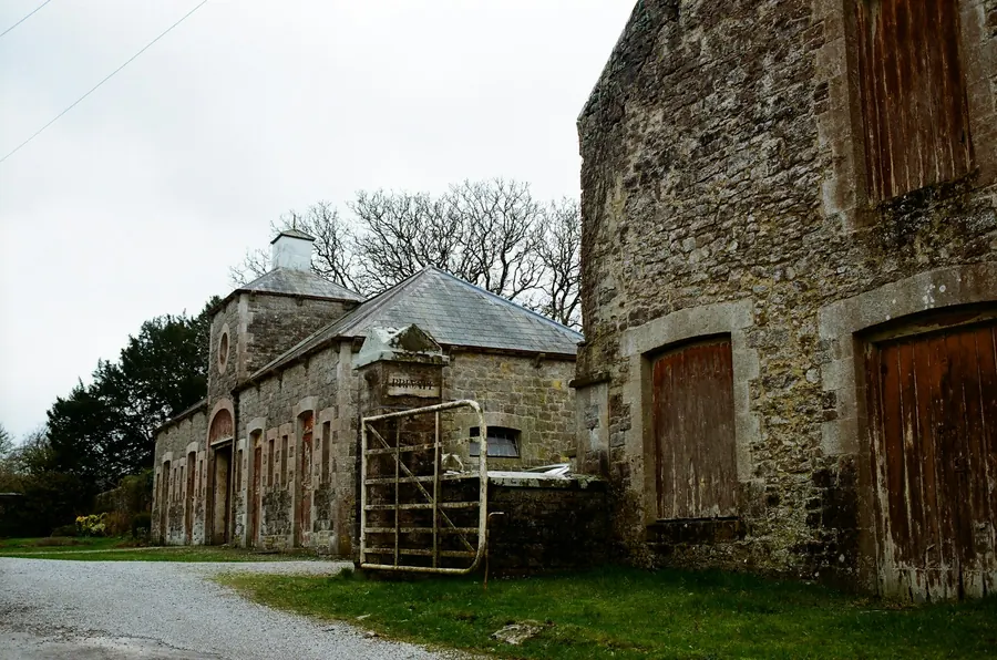 Grange en pierre avant travaux, portail de bois, herbes hautes