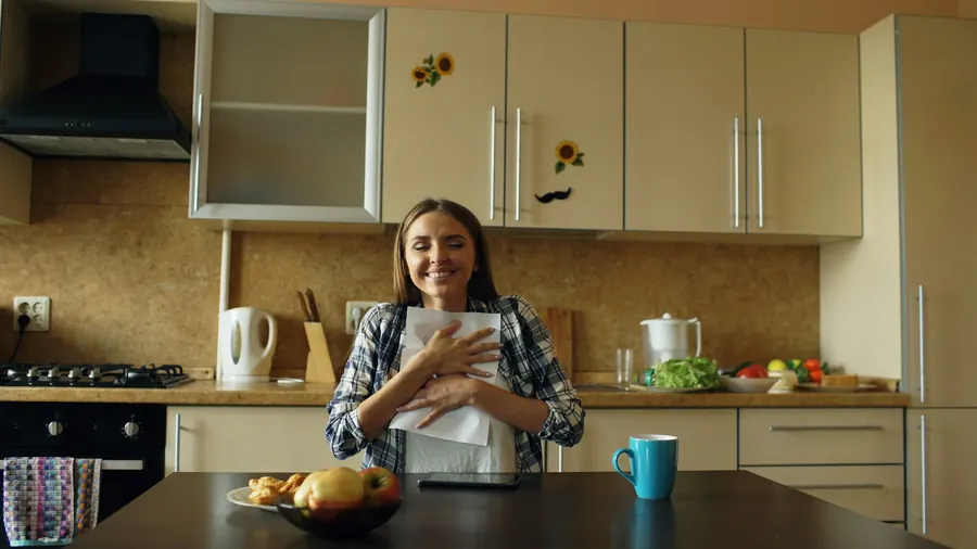 Jeune femme qui lit des papiers dans sa cuisine, sans lunettes