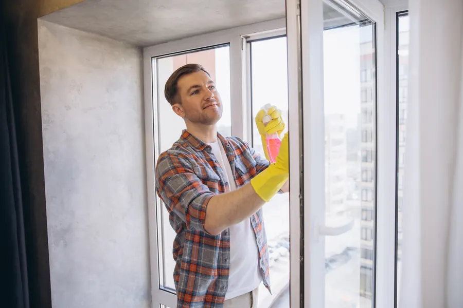 Nettoyage de fin de chantier dans un logement neuf, poussière et vitres