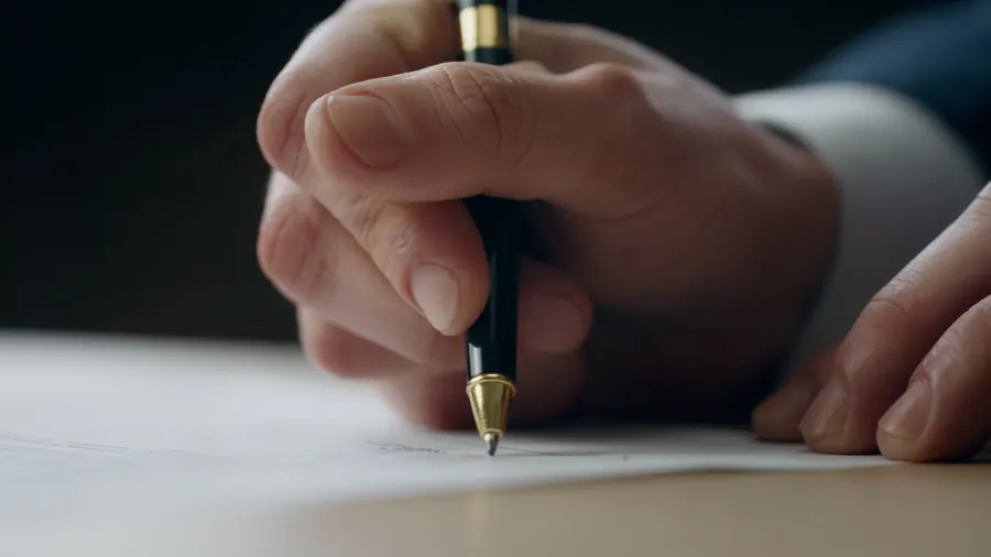 Main signant un acte au stylo plume, papier épais, tampon à côté