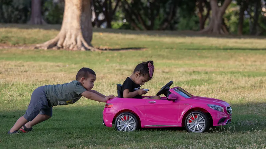 Deux enfants qui jouent avec une petite voiture électrique dans un parc