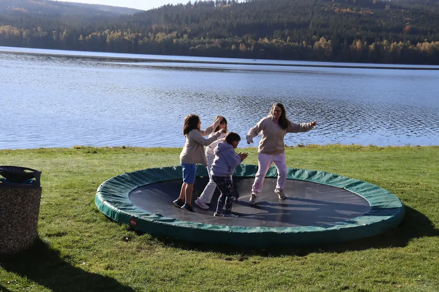 Trampolines enterrés dans l'herbe, enfants qui sautent à l'ombre de tilleuls