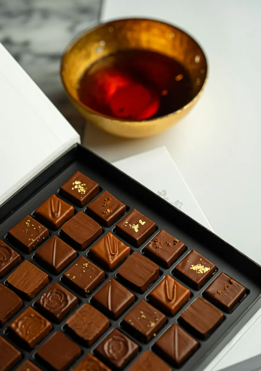 Coffret ouvert de bonbons de chocolat décorés, papier crème, vue de dessus