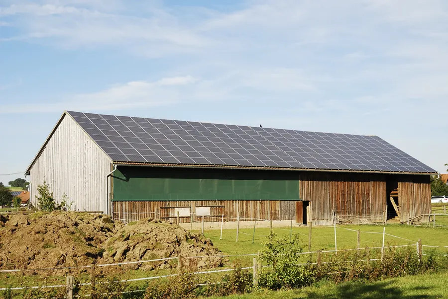 Grand bâtiment agricole couvert de panneaux, bocage, soleil rasant