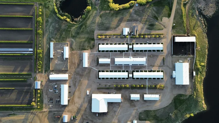 Vue aérienne d'un entrepôt logistique entouré de champs, hors agglomération