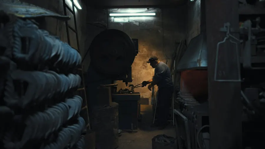 Plan de cinéma : silhouette d'ouvrier en contre-jour dans un atelier, poussière dans la lumière