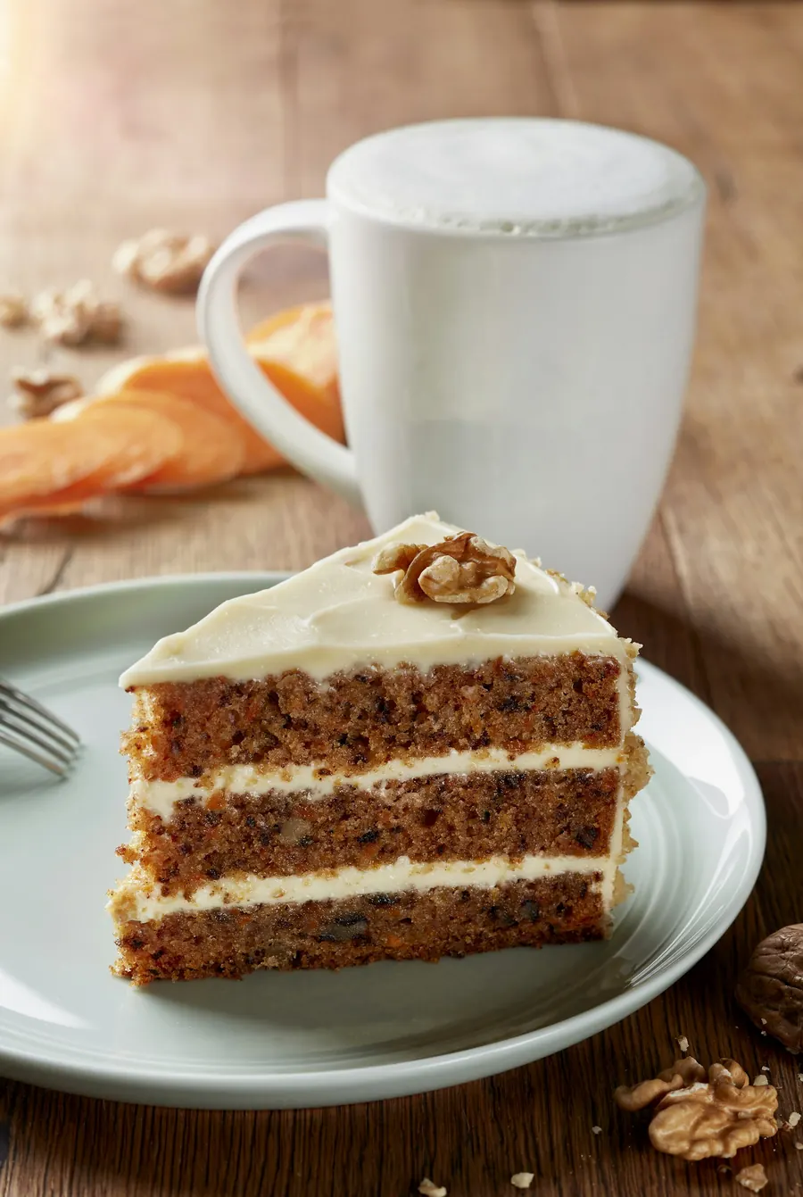 Part de carrot cake au glaçage blanc sur une assiette ancienne