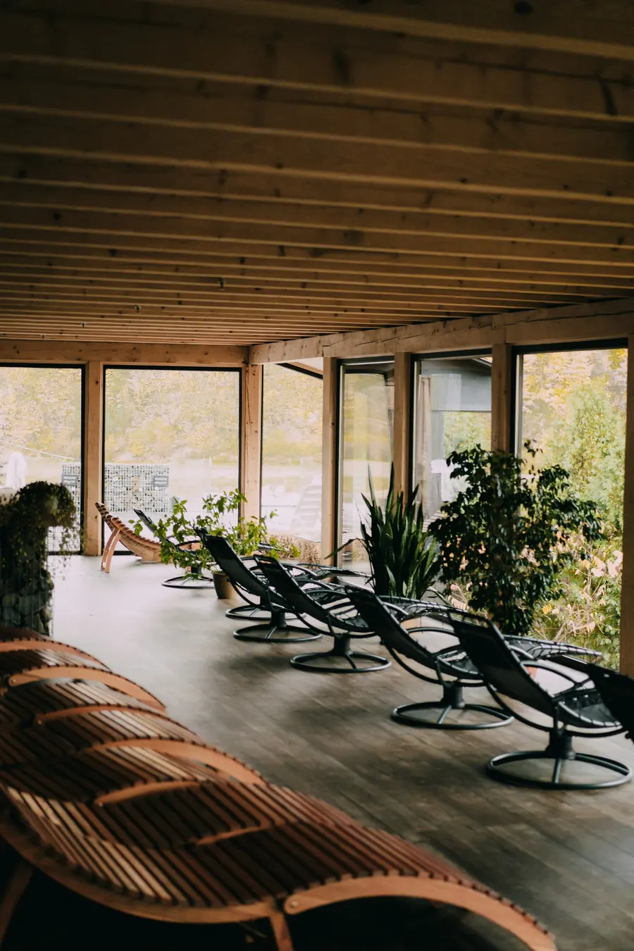 Salle de repos, transats et plaids, grande fenêtre sur les pins