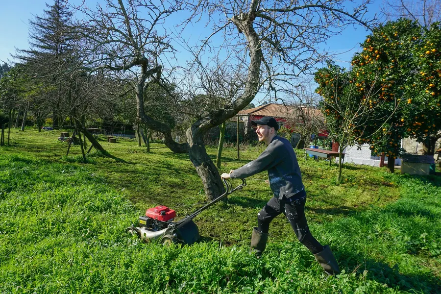Jeune apprenti paysagiste qui passe la tondeuse dans un jardin de particulier