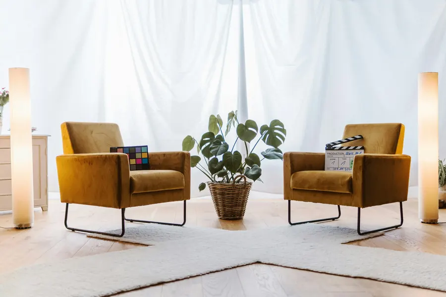 Deux fauteuils moutarde face à face avec une plante, devant un voilage blanc