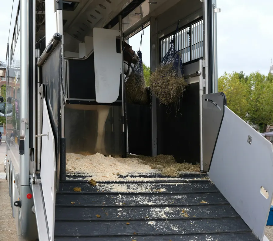 Van à chevaux ouvert, rampe baissée et filet de foin à l'intérieur