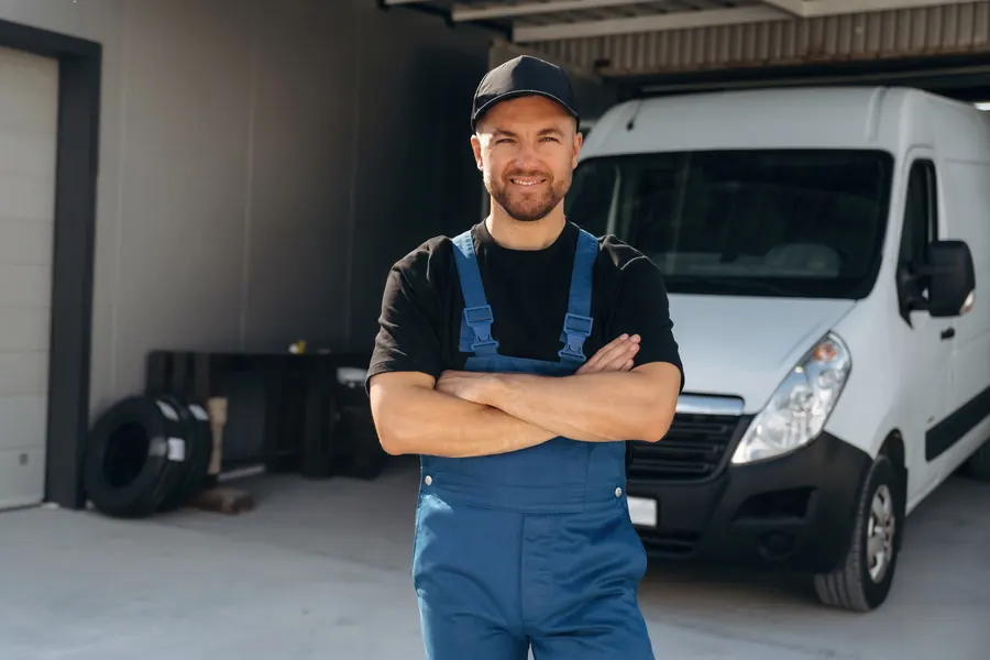 Artisan souriant devant sa camionnette