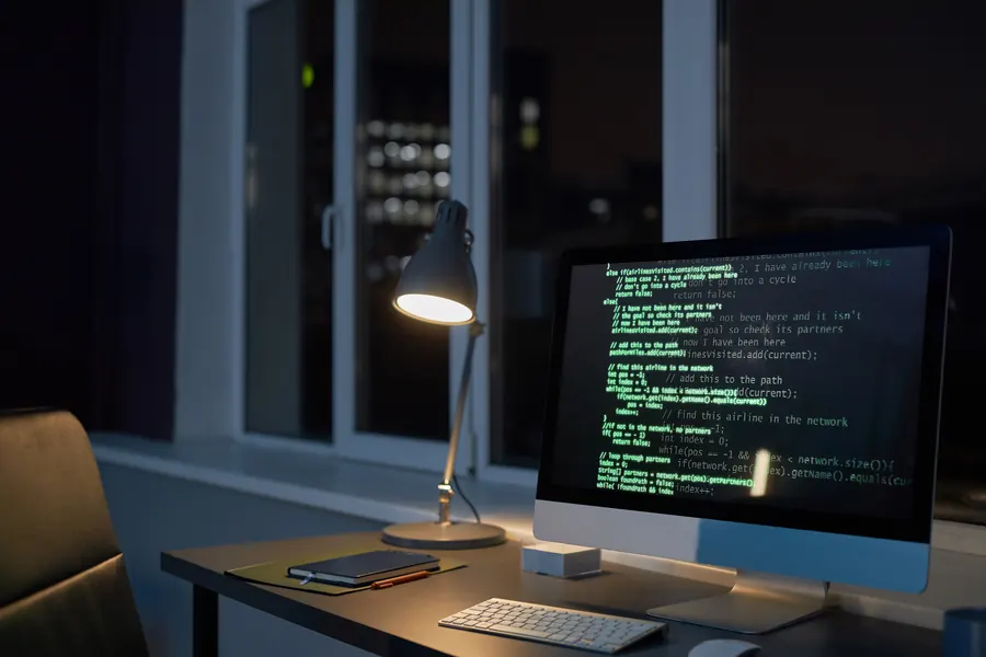 Bureau de développeur éclairé par une lampe, écran de code