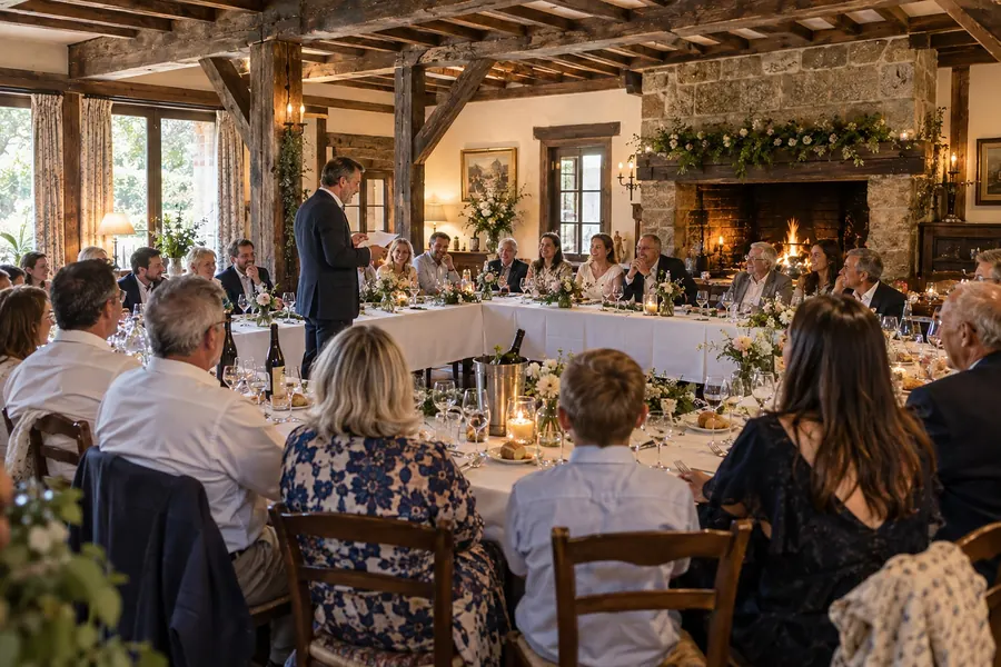 Un repas de famille dans la grande salle : tables en U nappées de blanc, une trentaine de convives de tous âges écoutent un homme qui lit un discours debout, la cheminée allumée au fond