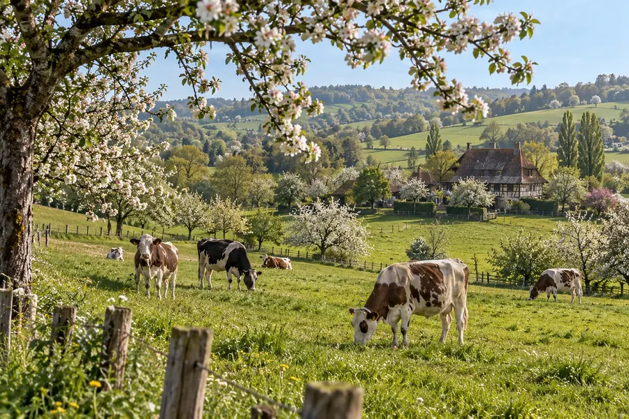 Le pays d’Auge au printemps : pommiers en fleurs, vaches qui paissent dans un pré vallonné clos de piquets, une ferme à colombages au loin