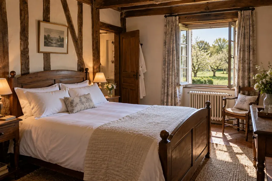 Une chambre sous les poutres : lit en bois à boules, linge blanc, couvre-lit piqué, fauteuil paillé et fenêtre ouverte sur des pommiers en fleurs
