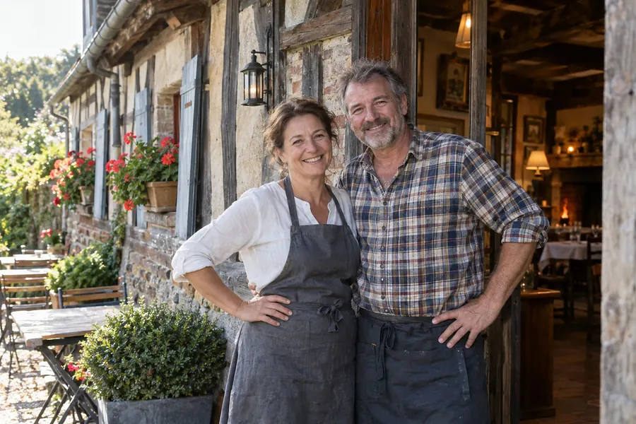 Sylvie et Pascal, en tabliers gris, sourient sur le seuil de leur auberge à colombages ; derrière eux, la salle et la cheminée allumée