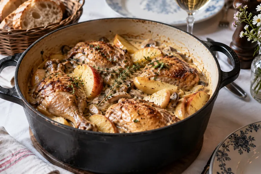 Une cocotte en fonte noire posée sur une nappe blanche : morceaux de volaille dorés dans une sauce à la crème, quartiers de pomme, champignons et thym, une corbeille de pain à côté