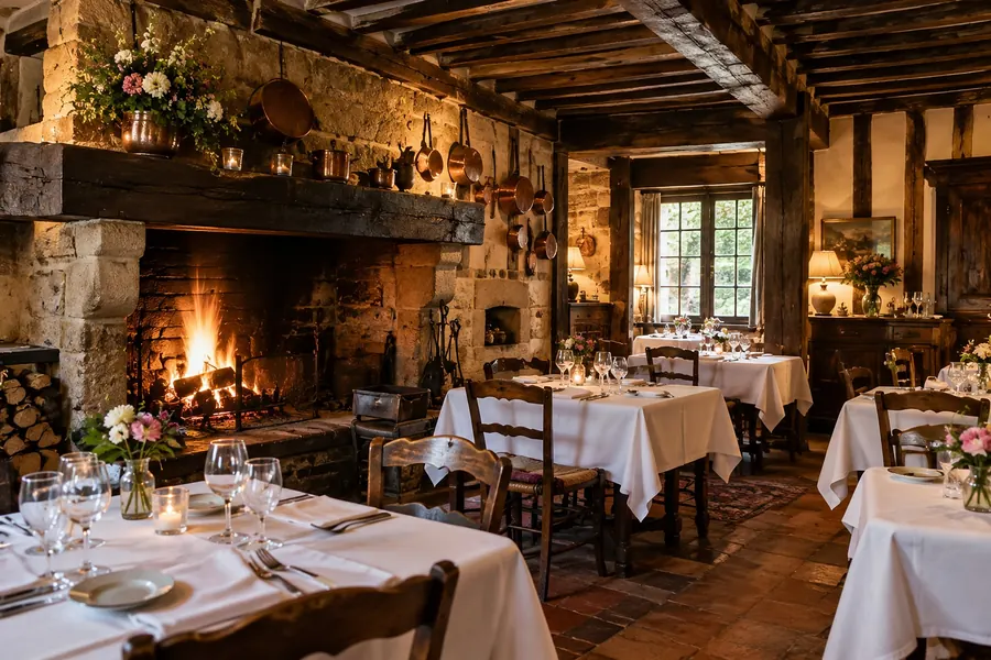 La salle à manger de l’auberge : grande cheminée en pierre allumée, casseroles de cuivre au mur, poutres, tomettes et tables nappées de blanc