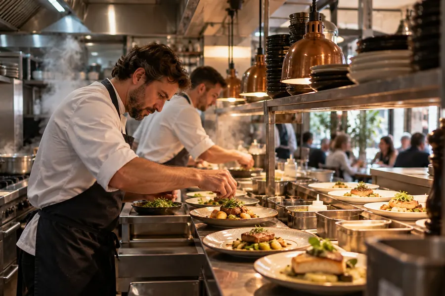 Romain et un cuisinier dressent les assiettes sous les lampes chauffantes en cuivre du passe, la salle du midi en arrière-plan