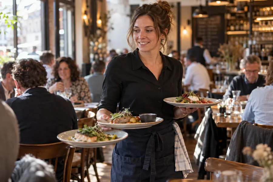 Laura, souriante, traverse la salle pleine avec trois assiettes du plat du jour, un torchon à carreaux à la ceinture