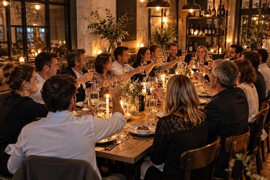 Un soir de privatisation : près de vingt convives lèvent leur verre autour d’une longue table en bois, entre bougies et bouquets