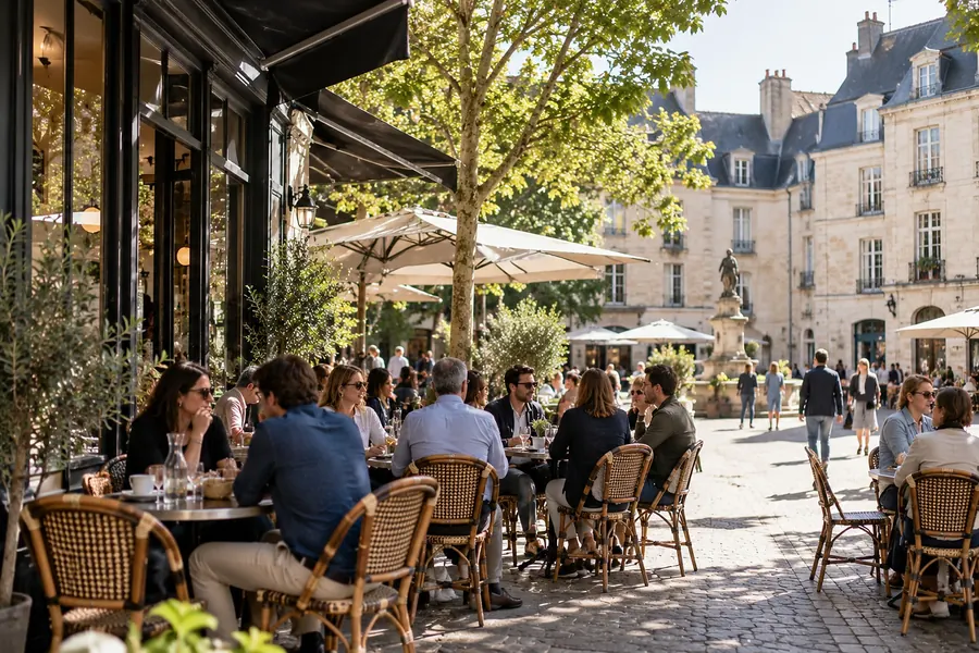 La terrasse en fin de matinée : chaises en rotin et parasols sous un arbre, sur une place pavée bordée de façades en tuffeau aux toits d’ardoise