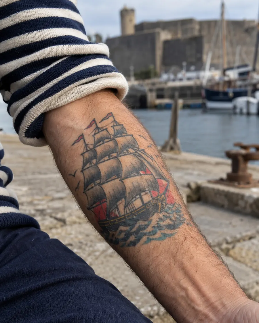 Trois-mâts traditionnel cicatrisé sur un avant-bras, quai de Brest en arrière-plan