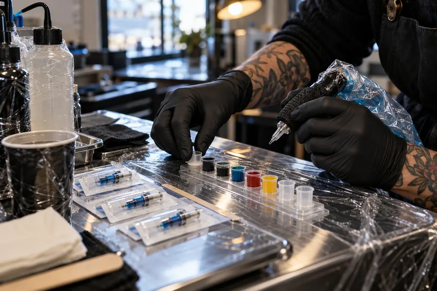 Mains gantées de noir qui préparent un poste sur un plan de travail en inox filmé : capsules d’encre neuves noire, bleue, rouge et jaune, aiguilles en cartouches sous blister, machine glissée dans une housse plastique