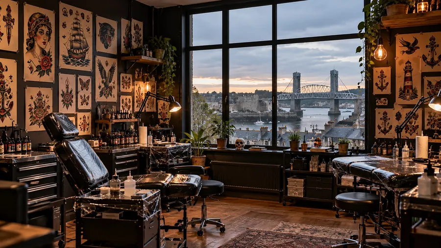 Le studio au crépuscule : murs noirs couverts de planches de flashs encadrées, deux fauteuils de tatouage filmés, lampes et flacons ; par la grande fenêtre, les toits d’ardoise de Recouvrance, la Penfeld et le pont levant de Recouvrance
