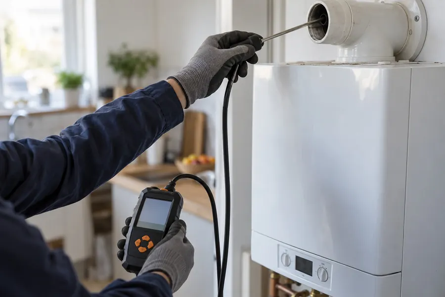 Gros plan sur la sonde d’un analyseur de combustion introduite dans le conduit d’une chaudière murale