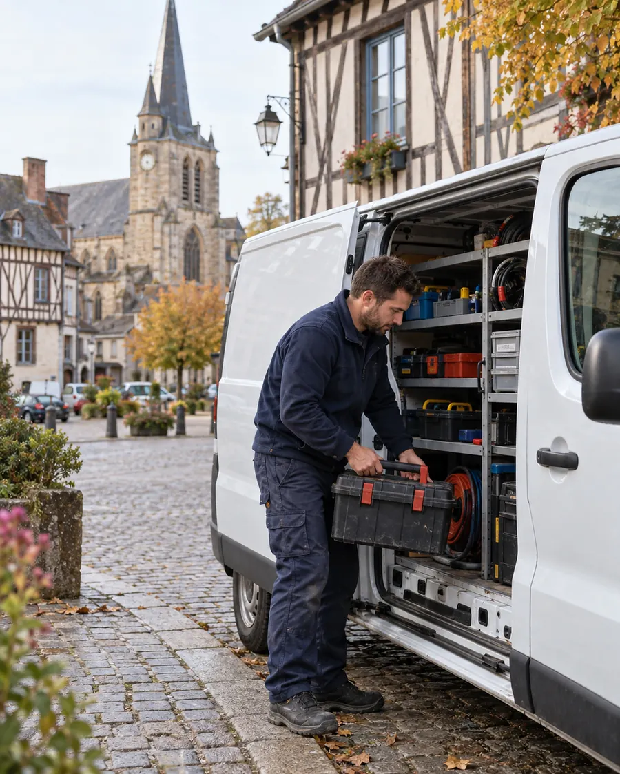 Le technicien sort une caisse à outils de la camionnette, garée dans une rue de bourg aux maisons à colombages, l’église au fond