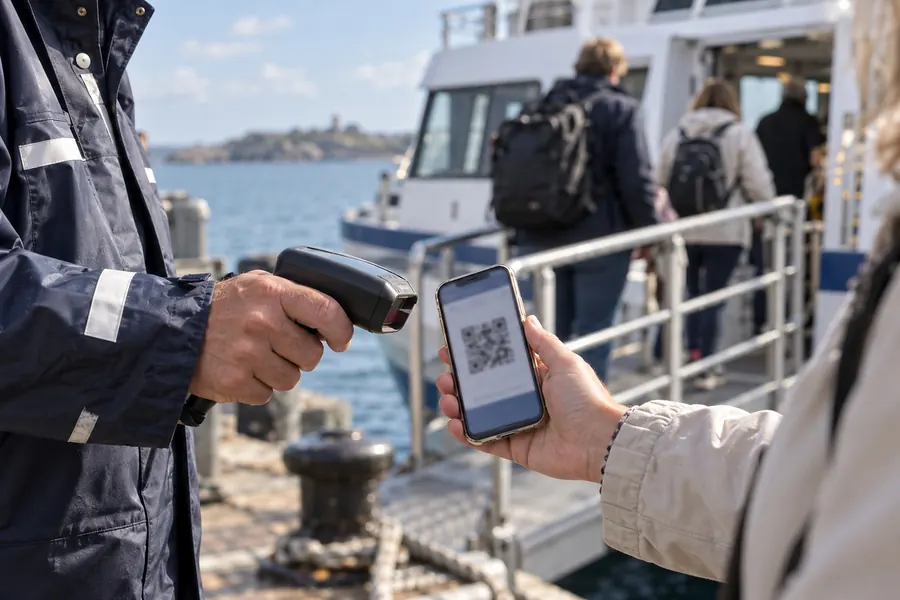 Au pied de la passerelle, un matelot scanne le billet affiché sur le téléphone d’une passagère