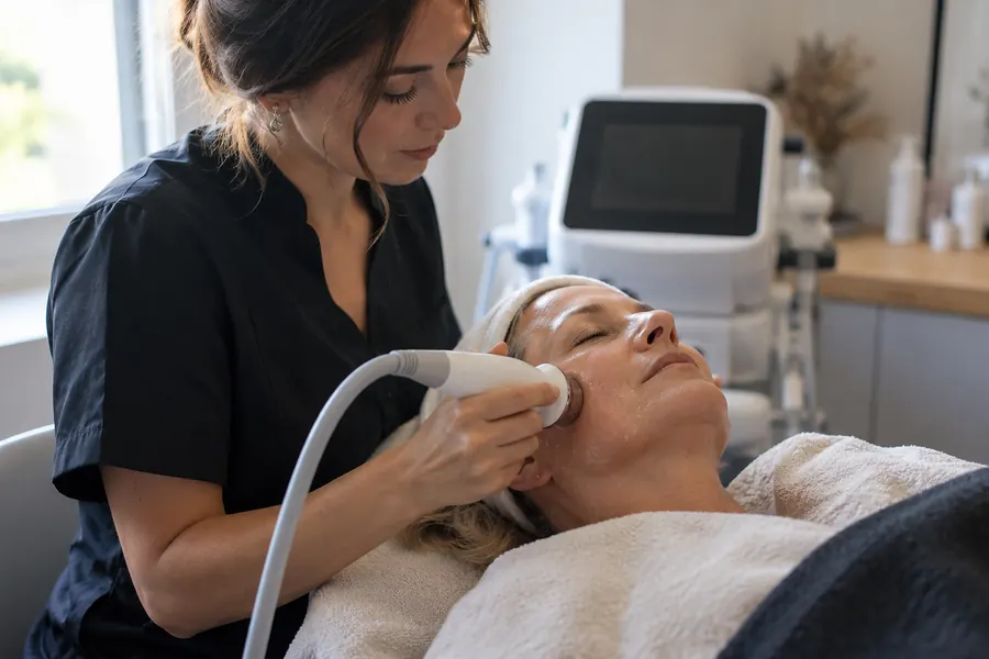 Une esthéticienne brune en tunique noire pose la pièce à main d’un appareil de radiofréquence sur la mâchoire d’une cliente d’environ cinquante-cinq ans, les yeux fermés, allongée sous une serviette ; un appareil blanc à l’écran éteint au second plan, lumière de fenêtre