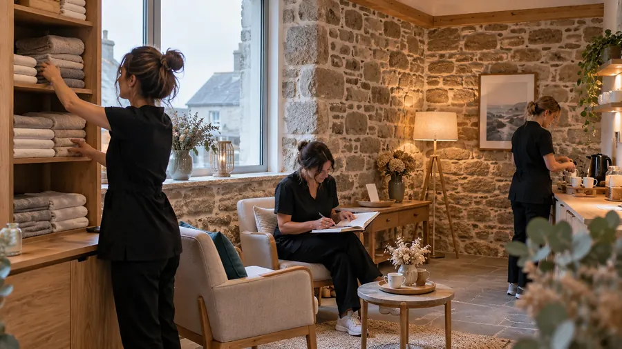 Salle d’accueil aux murs de granit apparent : une esthéticienne range des serviettes pliées sur une étagère en chêne, une deuxième note dans un agenda papier dans un fauteuil, une troisième prépare des tasses au fond ; par la fenêtre, des toits d’ardoise sous un ciel gris clair