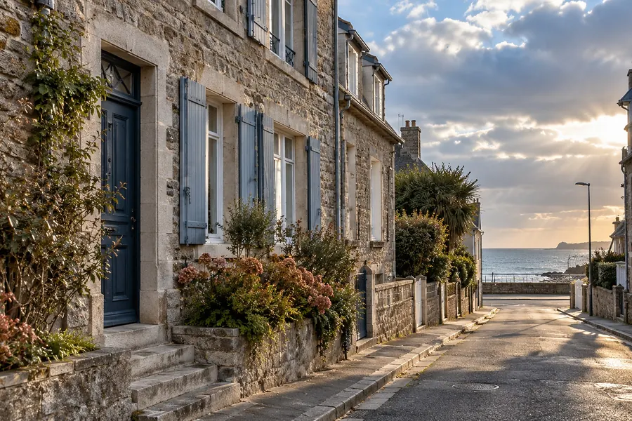 Rue calme bordée de maisons en granit gris aux encadrements de pierre claire et aux volets gris-bleu, une porte bleu ardoise en haut de quelques marches, des hortensias d’automne sur le muret ; au bout de la rue, la digue et la mer sous un ciel changeant au soleil bas