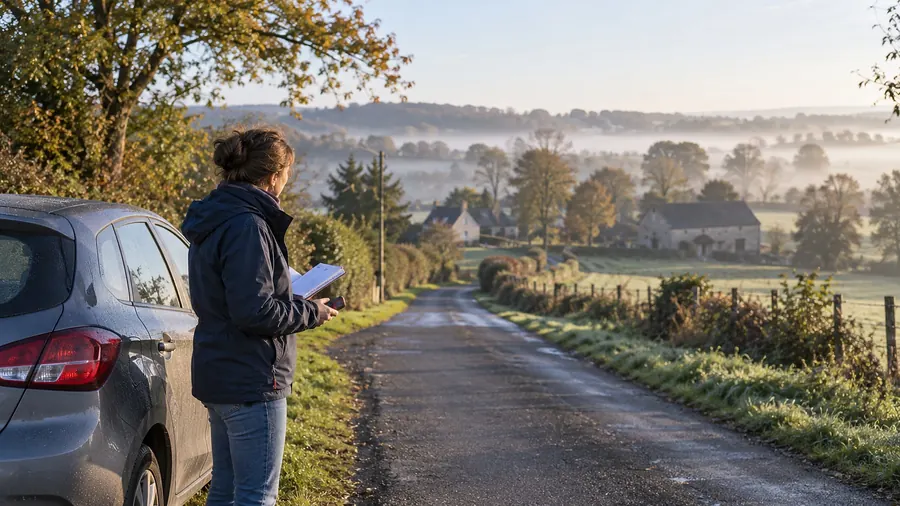Maud Lecoeur, carnet à la main, debout à côté d’une petite voiture grise sur une route de campagne bordée de haies ; au loin, une ferme et des pavillons dans la brume du matin