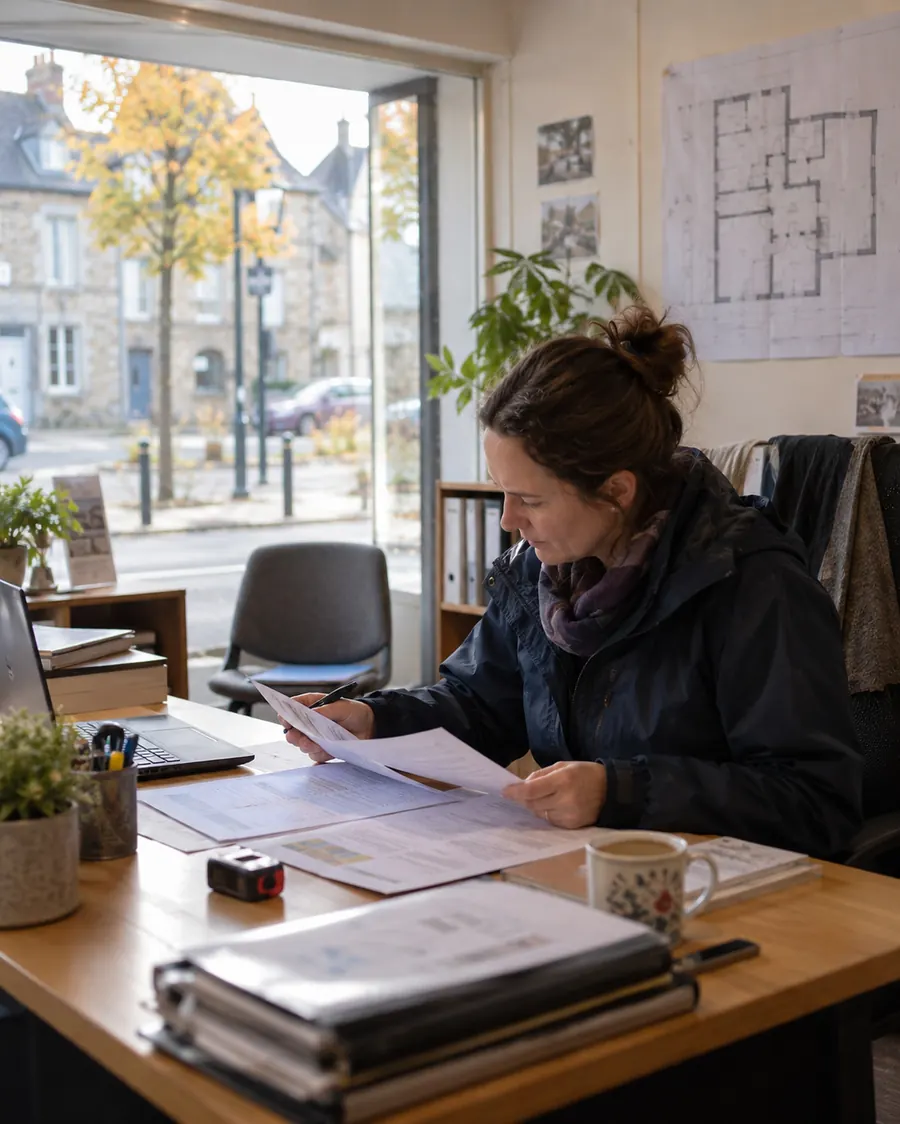 Maud Lecoeur, à son bureau sur rue à Flers, compare deux devis posés côte à côte, une tasse de café et un télémètre laser à portée de main ; au mur, le plan d’une maison, et par la vitrine des façades de pierre et un arbre jaune