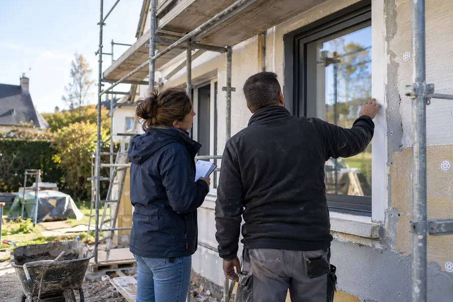 Devant un pavillon en travaux, entre deux échafaudages, Maud Lecoeur et un artisan de dos regardent le raccord d’une fenêtre neuve sur un mur en cours d’isolation ; une brouette au premier plan