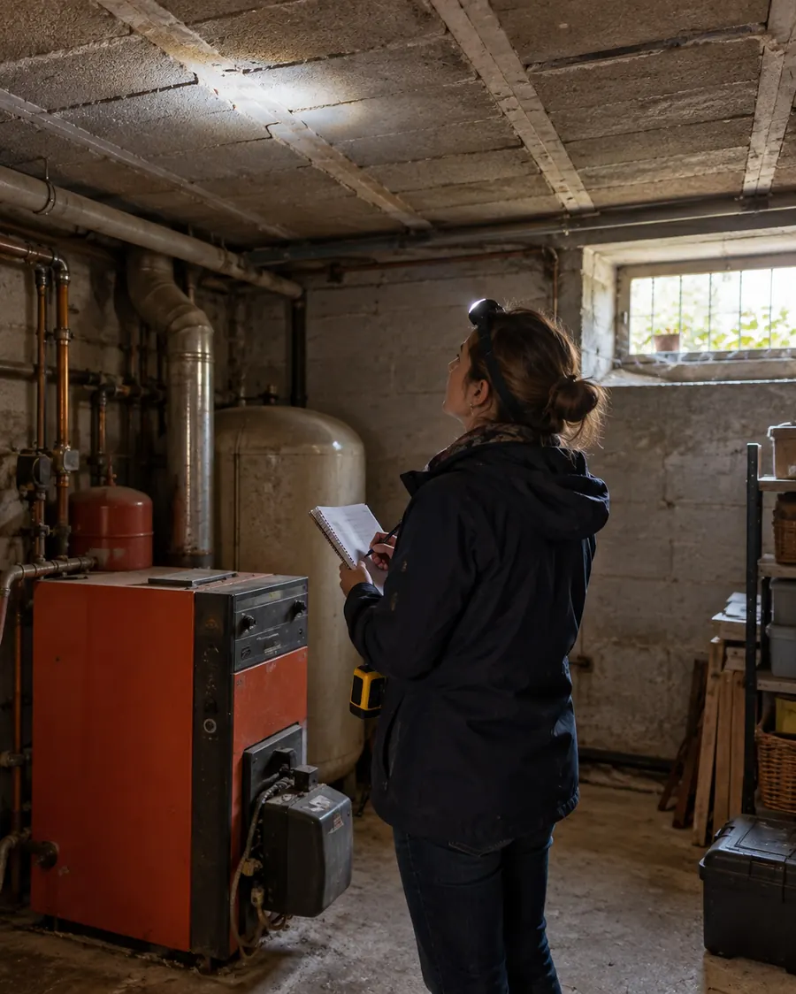 Dans un sous-sol aux murs de parpaing, Maud Lecoeur, lampe frontale sur la tête, regarde le plafond en hourdis et prend des notes à côté d’une vieille chaudière fioul orange et d’un ballon d’eau chaude ; la lumière entre par un soupirail
