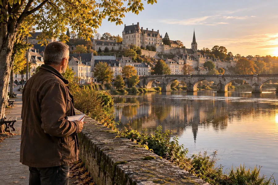 Château-Gontier-sur-Mayenne au soleil couchant : la Mayenne, un pont de pierre à arches et la ville haute étagée sur le coteau, avec son clocher ; Yannick Bourdais, de dos, regarde la ville depuis le quai