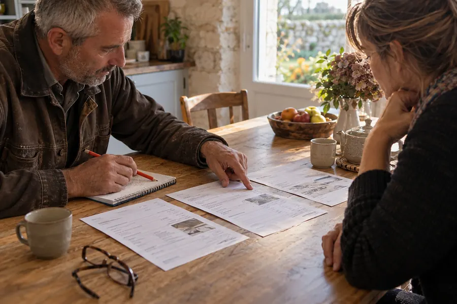 À une table de cuisine en bois, Yannick Bourdais pointe une ligne sur l’un des trois devis posés côte à côte, crayon à la main ; en face, une propriétaire lit, le menton dans la main. Des tasses, des lunettes et une corbeille de pommes