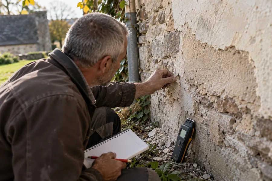 Accroupi au pied d’un mur de pierre, Yannick Bourdais gratte du bout des doigts un enduit ancien qui s’effrite ; un humidimètre est posé contre le mur, un carnet à spirale et un crayon rouge sur son genou