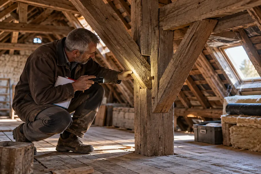 Sous une charpente de chêne, Yannick Bourdais accroupi éclaire à la lampe torche un assemblage de poteau et de jambe de force, carnet sous le bras ; lumière d’un châssis de toit, plancher de bois